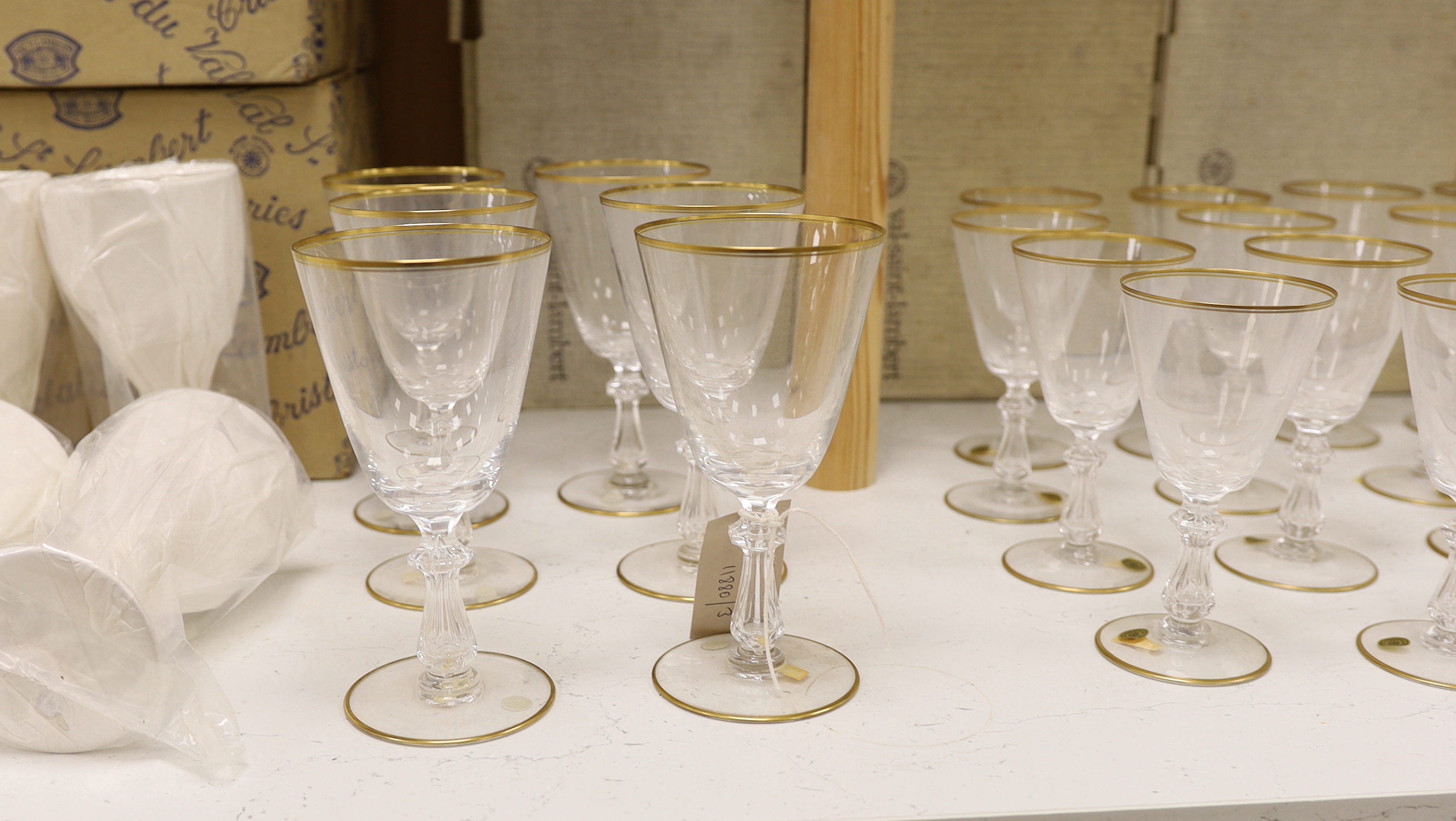 A Val St. Lambert thirty six piece suite of Crown pattern glassware with six boxes, largest each 17cm high